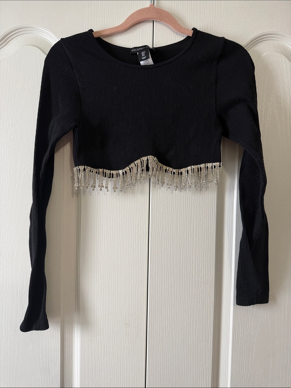 Sincerely Jules Black Long-Sleeve Crop Top with Beaded Fringe